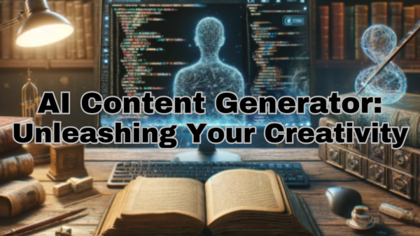 Inspirational workspace with open book and holographic AI figure, promoting 'AI Content Generator: Unleashing Your Creativity' for writers and creators