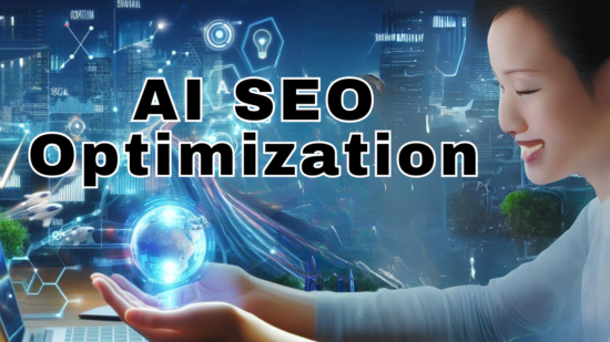 Smiling woman holding a glowing globe with digital overlays of SEO and analytics icons against a futuristic cityscape background, with the title 'AI SEO Optimization'