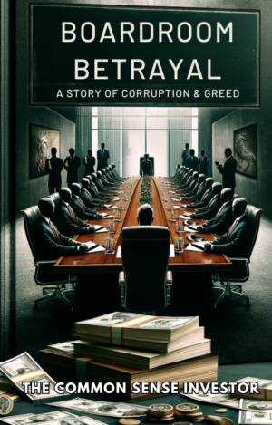 Cover of 'Boardroom Betrayal' featuring a dramatic boardroom scene with a central figure at the end of a long table, highlighting themes of corruption and greed