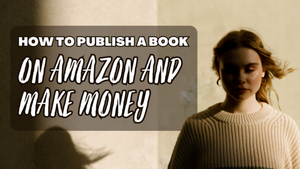 Thoughtful young woman in a sweater with text overlay 'How to Publish a Book on Amazon and Make Money', hinting at self-publishing success and financial independence