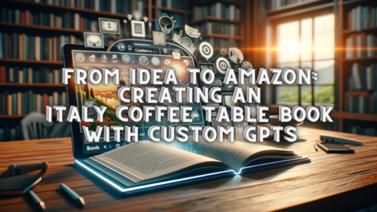 An open book on a table emitting digital icons and graphics, with text overlay 'From Idea to Amazon: Creating an Italy Coffee Table Book with Custom GPTs' in a library setting