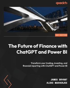 Book cover titled 'The Future of Finance with ChatGPT and Power BI' against a backdrop of a modern bridge at dusk, highlighting financial transformation