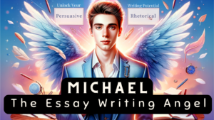 Artistic depiction of 'Michael The Essay Writing Angel' with luminous wings, surrounded by celestial imagery, promoting inspirational writing guidance