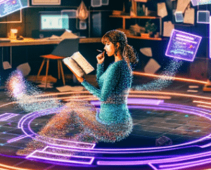 A writer in a futuristic studio interacts with holographic displays of text and plot diagrams, illustrating the blend of traditional storytelling and AI technology.