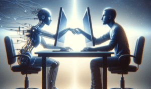 image showcasing a human and an AI sitting at opposite ends of a table, each in front of a computer. They're extending their hands through the computers to shake hands, symbolizing how AI and writers can work together in the creative process.