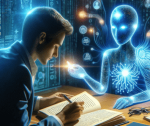 image that embodies the profound impact of AI in novel writing. It illustrates a human author collaborating with an AI, showcasing the fusion of technology and creativity. Light beams transferring ideas like plot twists and character developments from the AI to the manuscript symbolize AI's role as a supportive partner in crafting compelling narratives. 