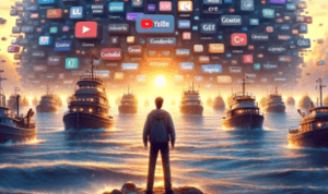 a person at the shore gazing towards a sea scattered with various boats, each labeled with different custom GPT names, representing the vast array of AI tools available. The scene captures the overwhelming choices in the 'World of Custom GPTs' against a backdrop of a dawning sky mixed with looming storm clouds, symbolizing new opportunities and the challenges of finding the perfect AI writing assistant