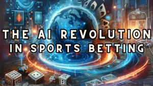 futuristic background with dice and cards and a world with The AI Revolution Sports Betting AI in text